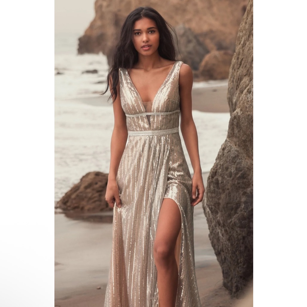 Mac Duggal Silver Metallic Plunge Neck Sequined Gown
